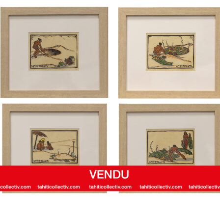 Wolfgang Wolff - Gravures sur bois signées "Tahiti 1937", Le four Tahitien X4