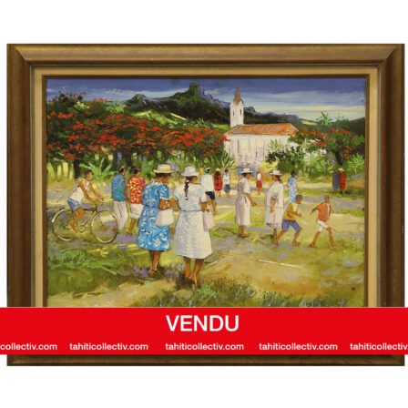 André DEYMONAZ - Huile sur toile signée "Le Dimanche à l'église"
