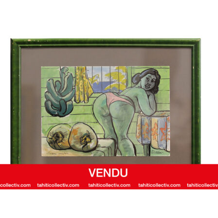 Jean MICHON - Aquarelle sur papier de 1953 signée et datée au dos "Vahine, coco et banane"