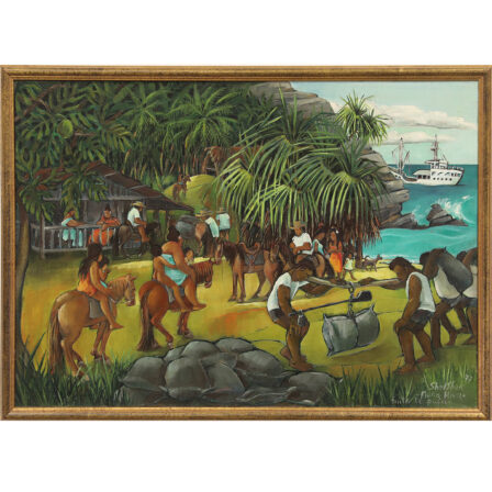 Jean SHELSHER - Huile sur isorel signée et datée 1977 "Nuku Hiva"