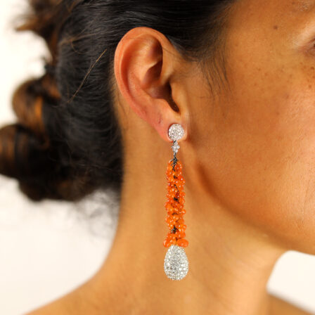 Boucles d’oreilles pendantes topaze fumé et drop de diamants taillés à la russe